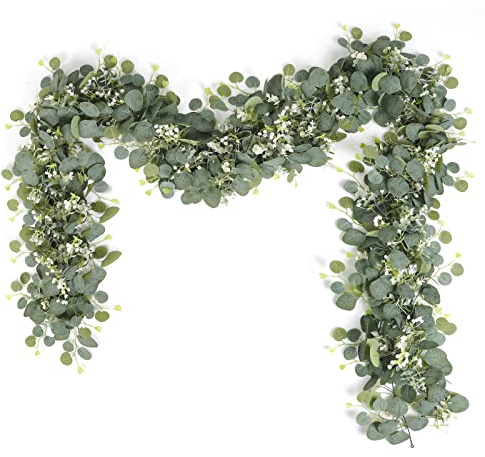 SOMYTING Artificial Eucalyptus Garland with White Flowers 2 Packs 5.9Ft Silver Dollar Leaves Eucalyptus Garland Faux Greenery Vines for Wedding Arch Table Runner Mantle Party Room Decor