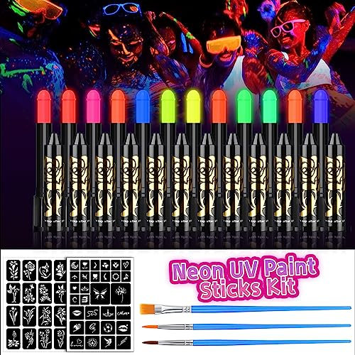 CHASPA UV Bodypainting Farben Set, 12 Farben Neon Leuchtende Gesichtsmalstifte, Waschbar Schminkstifte Schminkfarben, mit Schablonen und Pinseln, Festival Zubehör, Halloween, Schwarzlicht Party