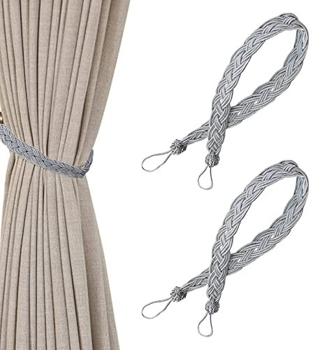 1Pair Hand Knitting Curtains Tied Rope,Woven Curtain Tiebacks,Braided Curtain Tiebacks,Simple Type Curtain Tie Backs and Accessories for Home curtains and curtain decoration (Grey)