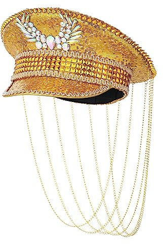 COSDREAMER Herren brennender Hut Damen Hut Party Captain Militär Hut Goldketten Regelmäßig