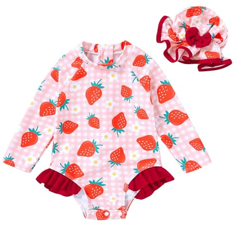 Infant Baby Girl Swimsuit One-Piece Long Sleeve Rash Guard with Hat Set Floral Zipper Bathing Suit Leopard Beach Wear(Pink#Strawberry 18-24 Months)