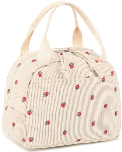 LEDAOU isolierte Lunch-Box Frauen wiederverwendbare Lunch-Tasche Cord Mittagessen Tote Handtaschen auslaufsichere thermische Kühler Mittagessen Fall große Kapazität Lunch-Box (Kord Erdbeer Beige)