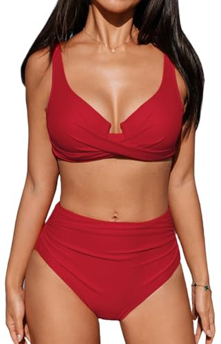 CUPSHE Damen Bikini Set Wickeloptik Crossover Bügel Push Up High Waist Bikini Bademode Zweiteiliger Badeanzug Swimsuit Einfarbig Rot M