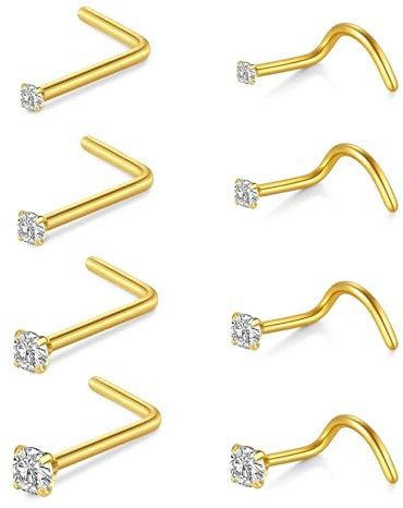 AceFun 8pcs 22G Gold L-Shaped Nose Studs - Diamond, Surgical Steel, Small, Corkscrew Piercing Screws