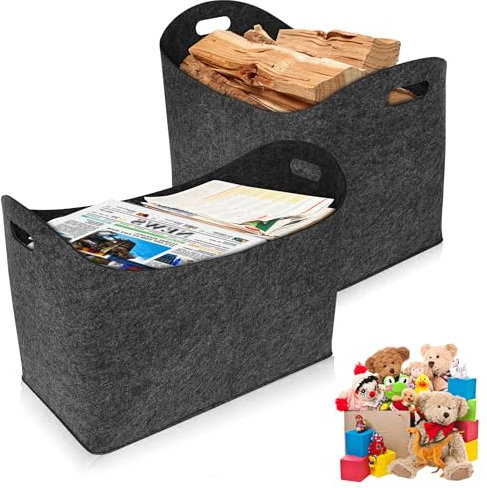 QEENTOE Cesta de madera para leña de chimenea para chimenea, leña, cestas de madera, almacenamiento interior, cesta de fieltro plegable con asa, cesta de madera de fieltro para madera, juguetes, 2