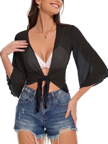 florynova Shrugs for Women Tie Front Cropped Cardigans Summer Half Sleeve Bolero Jacket Tops(Black,M)