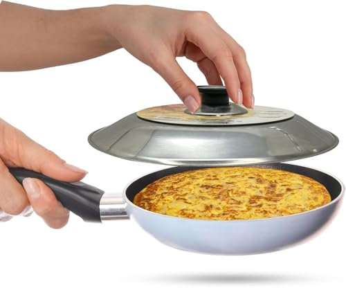 CHEFZOCO Tapa Volteadora de Tortillas, Tapadera sarten Tortilla, Tapa volteatortilla, Diseñocon Mango ergonómico, Accesorio de cocina, acero inoxidable, Apta para sartenes o plato de 28 cm