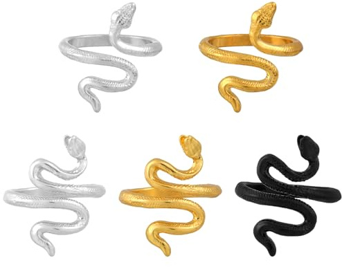Gosknor 5pcs Snake Adjustable Crochet Tension Ring, 2 Styles Finger Yarn Ring Knitting Loops Beginners Gift for Crocheters and Knitters Tension Control (Gold Silver Black)