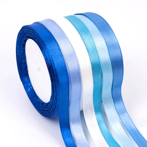 Blue Satin Ribbon for Gift Wrapping: 6 Rolls Blue Mixed Satin Ribbon 1CM Wide – Perfect for DIY Crafts, Wedding Decor, Gift Packaging- Solid Color Silk Ribbon for Bouquets Party Decorations