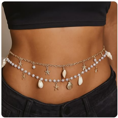 2 PCS Bauchkette für Frauen, Halskette mit Muscheln und Seesternen, 2 lagige Bauch und Körperkette mit Taillenkette Gold, Verstellbar, Wasserfest, Waist Chain, Körperschmuck