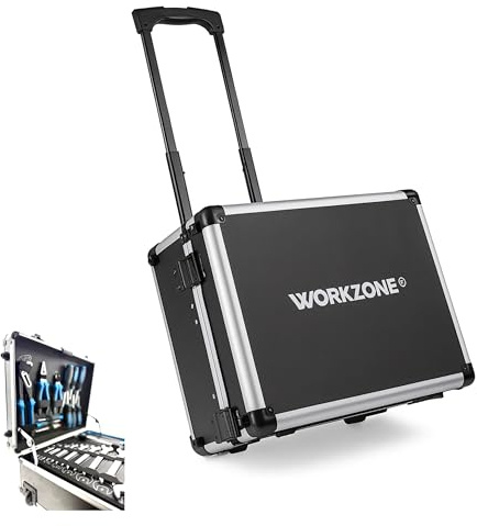 Werkzeugtrolley Werkzeugkoffer von WORKZONE 128-teilig, Aluminiumgehäuse mit Rädern, Ausziehbarer Griff, 45,5 x 35,5 x 19,7 cm