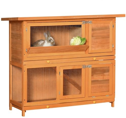 PawHut Conejera de Madera Exterior de 2 Niveles, Jaula para Conejos con Techo de Asfalto Abatible, Puertas, Rampa y 2 Bandejas Extraíbles, 120x48x100 cm, Madera Natural