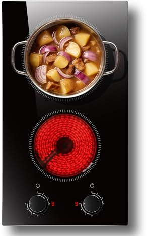 Ceramic Hob 2 Burner 30CM 2 Ring Electric Ceramic Stove 3000W Two Zone Built-in Electric Cooktop with 9 Power Levels, Knob Control, Timer, Child-safety Lock, 220~240V, No Plug, Installation Required