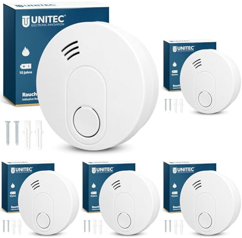 UNITEC Rauchwarnmelder, Rauchmelder Zertifiziert nach DIN EN 14604, VDs 3131, Q-Label, 10 Jahre Batterielaufzeit, akustische und optische Anzeige, manuelle Prüffunktion, Alarm 85 dB, weiß