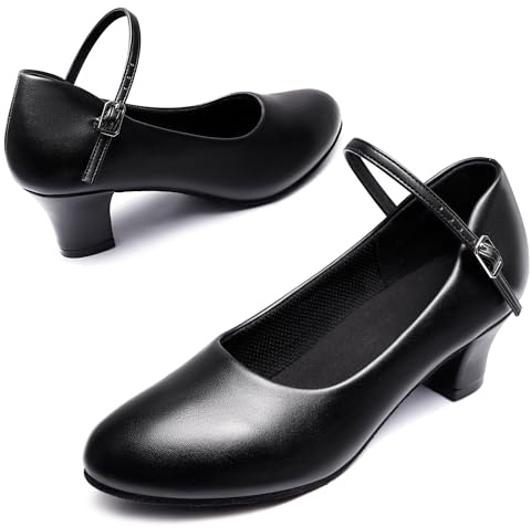 Dynadans Women's Character Shoe Ankle Strap 1.5/2 Latin Dance Shoes for Ballroom Salsa Tango Flamenco Latin 5.5 Black