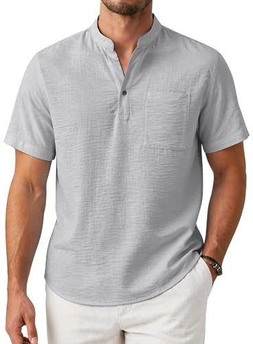 Enlision Camisa Hombre Manga Corta de Lino y Algodón, Camiseta Verano Hombre Cuello Mao Ligera y Transpirable, T Shirt Casual para Playa Vacaciones con Bolsillo, Silueta Holgada Tallas S-4XL