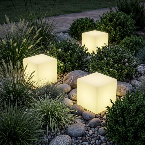 tectake® Cubo luminoso LED, Lampada da terra, luci da esterno e interno RGB 16 colori, telecomando, polietilene resistente, tavolino o pouf esterno luminoso, luci giardino decorative - S - 35x35x35 cm