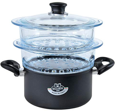 BALLARINI Set per Cottura a Vapore Cuocivapore, Casseruola con 2 Cestelli in Vetro forati e sovrapponibili, Diametro 20 cm, Con coperchio in vetro, Gli Speciali