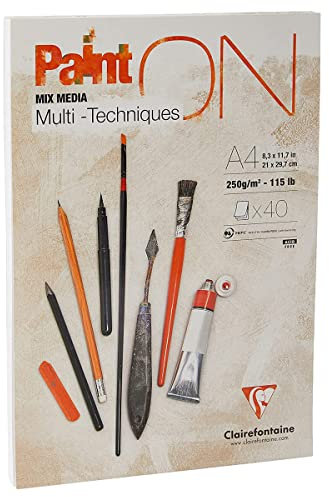 Clairefontaine 96537C - Malblock / Zeichenblock PaintON feinkörnig DIN A4 21x29,7 cm, kopfseitig geleimt, 40 Blatt, 250g, 100% Zellulose, Korrekturen möglich, ideal für Mixmedia, Weiß, 1 Stück