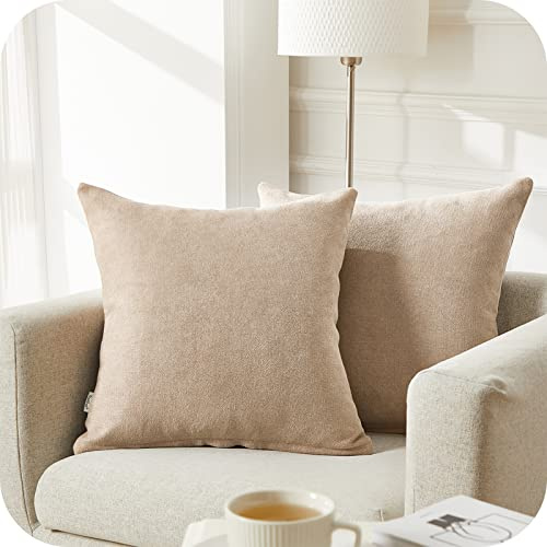 Topfinel Federe Cuscini 2 Pezzi 50x50cm Comodo in Ciniglia per Divano Copricuscini Decorativi Camera da Letto Soggiorno Balcone Esterno Arredo Casa Fodere Cuscino Tinta unita Cachi