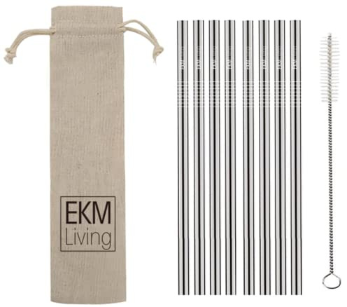 EKM Living Set di cannucce in acciaio inox, infrangibili, riutilizzabili, lavabili in lavastoviglie, senza plastica, GmbH (argento dritto)