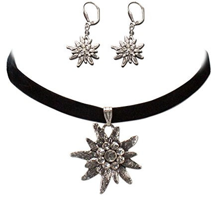 Joya tradicional, juego de traje tradicional de terciopelo y pendientes, para mujer, con cordón de terciopelo y pendientes, elástico, cadena de traje de Dirndl, color: negro, latón,, Latón, Diamantes