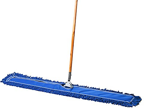 Tidy Tools Commercial Floor Sweeper, 48 in. Reusable Mop Head, Wooden Handle, Industrial Dry Mop for Hardwood Floors, Blue