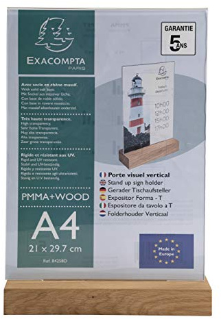 Exacompta - Rif. 84258D - Porta cartello con base in legno - Adatto per documenti A4, zoccolo in rovere massiccio, visibile su entrambi i lati, materiale PMMA (acrilico), rigido e resistente ai raggi