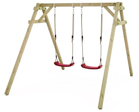 WICKEY Balançoire pour Enfants Smart Move - Balançoire Rouge & châssis en Bois, portique de balançoire extérieur, balançoire Double, balançoire en Bois pour Enfants dans Le Jardin