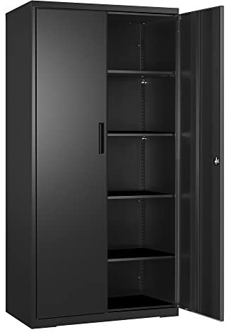 SONGMICS Aktenschrank, Mehrzweckschrank, Stahl-Aufbewahrungsschrank, 5 Ebenen, Doppeltüren, Schloss, Werkzeugschrank, verstellbare Ablagen, Garage, Büro, Wohnzimmer, schwarz OMC015B01