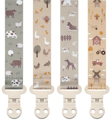 Stadela Baby Pacifier Clip Holder - Girl or Boy Unisex 4 Pack Gift Set – Farm Animals Barn and Tractors Neutral