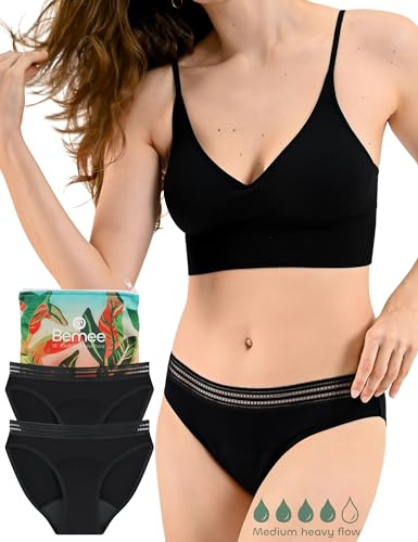 BeMee Daytime Bikini Lace, Perioden-unterwäsche für Mädchen, Menstruations-Slip aus Bambus-Viskose, saugstark, schwarz, Größe XS, Doppelpack