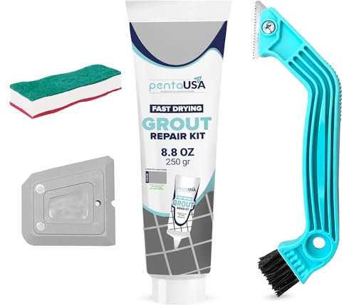 PentaUSA Grout - Ready Mixed Tile Grout with Sponge, Rake and Floater, Reviver for Bathroom, Kitchen, Floor Tiles - 250 gr Bundle Set (Grey)