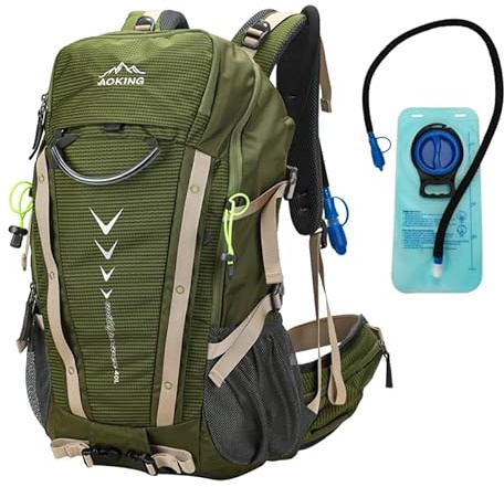 Aoking,sac à dos pour randonnée/escalade,40L,YJN79807 + poche à eau 2 litres,éléments standards:panneau grillagé à flux d'air amovible,étanche,sifflet SOS,housse de pluie
