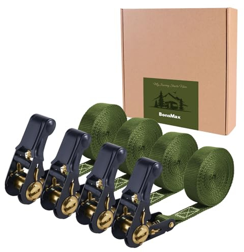 1”x15’ Endless Ratchet Tie Down Strap (No Hook) for Car Rack, Utility Trailer, Pickup Truck Bed, Ratcheting Securing Straps for Cargo, Kayak (Olive Green, 1 x15'-4 Pack)