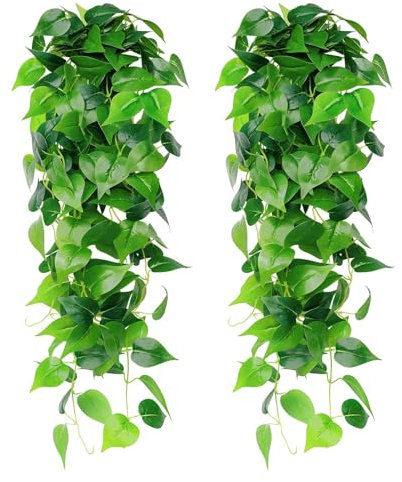 logei Künstliche Hängepflanze，2 Stück Künstliche Hängende Efeupflanze Gefälschter Efeukranz, Hängende Plastikpflanzen Gefälschte Efeu für Hochzeit Garten Hängekörbe und Wand Dekoration
