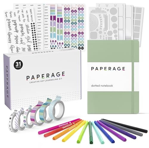PAPERAGE Bullet Style journal kit, prickig journalföring set och stationärt kit, inbunden prickad journal anteckningsbok (salvia), 12 fineliner-pennor, 8 klistermärken och 4 schablonblad, 6 washitejp