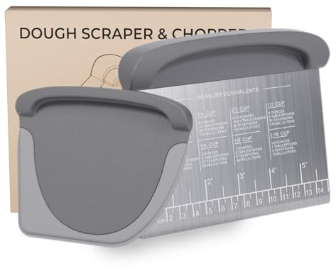 2 IN 1 Upgrade Bench Scraper, Dough Scraper for Pastry Bread Cake Pizza, Stainless Steel Dough Cutter with Conversion Chart & Measuring Scale, Bowl Scraper Food Scraper for Kitchen Baking, Gray