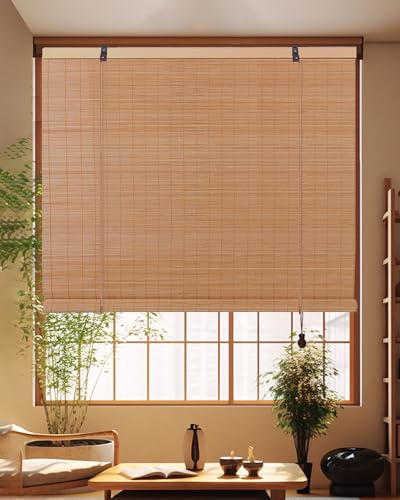 FoundGo Bamboo Blinds No drilling, Width x Height 110x120cm Retro Wooden Blinds Roman Bamboo Roll Up Curtain Light Filtering Shades for Windows, Indoor