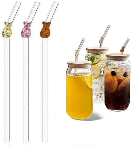 ZWWOGE Cannucce in vetro riutilizzabili, 3 cannucce in vetro, adatte per tè a bolle, cocktail, succhi di frutta(Modello di orso)