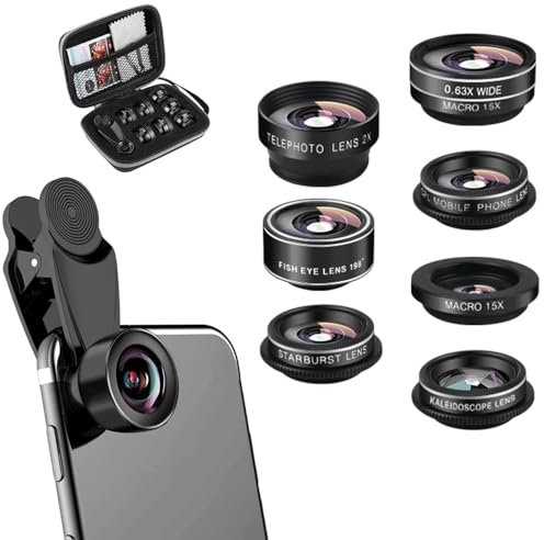 Kit de lente 7 en 1 para teléfono móvil, ojo de pez de 198°, gran angular 0,63X, Macro 15X, CPL, lente vertical 2X, lente caleidoscopio, lente Starlight, lente de cámara para Smartphone