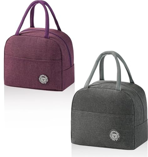 AMONENZ 2 Piezas Bolsa Termica, Gris y Morado Bolsa Nevera Pequeña, Plegable Bolso Termico Comida Trabajo, con Bolsillos Laterales, para Oficina, Escuela, Hogar
