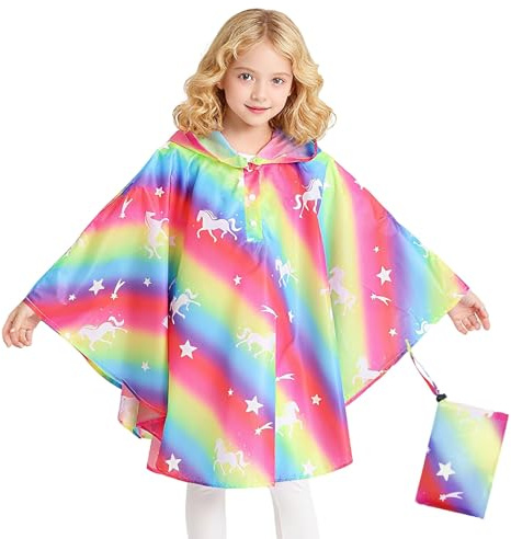 Keyck Kids Rain Poncho Girls Boys Raincoats Jacket Waterproof Ponchos Reusable Rain Coat Hooded Rainproof Cape with Portable Bag for School Camping, Rainwear for 3-5 Years, Rainbow Horse