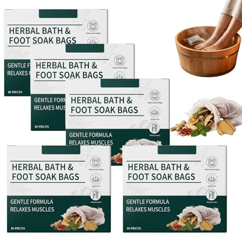 Herbal Foot Soak Bags, Mugwort Powder Foot Soak Bags, Disposable Portabe Herbal, containing mugwort, ginger, mint, Stress Relief Daily Relieve Fatigue Dispel Cold Remove Dampness Relaxation (5 Box)