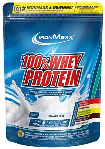 100% Whey Protein Pulver Strawberry 500g - Leckerer High Protein Shake, 37g Eiweiß pro Portion, Power Drink für intensives Muskel-Training, Mit BCAAs und EAAs
