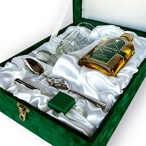 Luxuriöse Geschenkdose mit echtem Absinth, Absinth-Glas, Absinth-Löffel, Streichhölzern und Zucker – Außergewöhnliches Weihnachts- oder Geburtstagsgeschenk