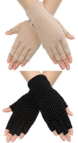 Maxdot Sun Gloves for Women UV Protection Fingerless Non Slip sunscreen Driving Gloves for Summer Outdoor(2 Pairs,Black and Khaki)