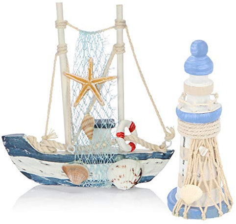 com-four® Juego de decoración marítima de 2 Piezas: velero y Faro de Madera con Aspecto Desgastado. (02 Piezas - velero + Faro)