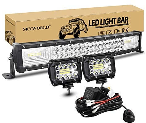 SKYWORLD 56cm 270W LED Arbeitsscheinwerfer Bar Gebogen Led Lichtleiste Offroad beleuchtung, 2x 10cm 60W Led Zusatzscheinwerfe mit 12V kabelbaum kit für Auto SUV ATV UTV LKW 4x4 Nebelscheinwerfer