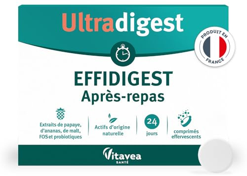 Ultradigest Après-Repas - Confort Intestinal, Digestion - Malt, Papaye, Ananas - Actifs Naturels - Probiotique Flore Intestinale - 24 comprimés - 24 jours - Fabriqué en France - Vitavea